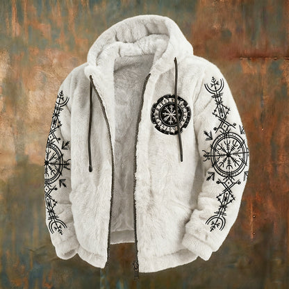 Men's Viking Tribal Jacquard Celtic With Crows & Wolves Inspired Plush Warm Zipped Hooded Jacket