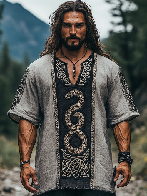 Men's Viking Celtic Knot Twin Snake Linen Shirt