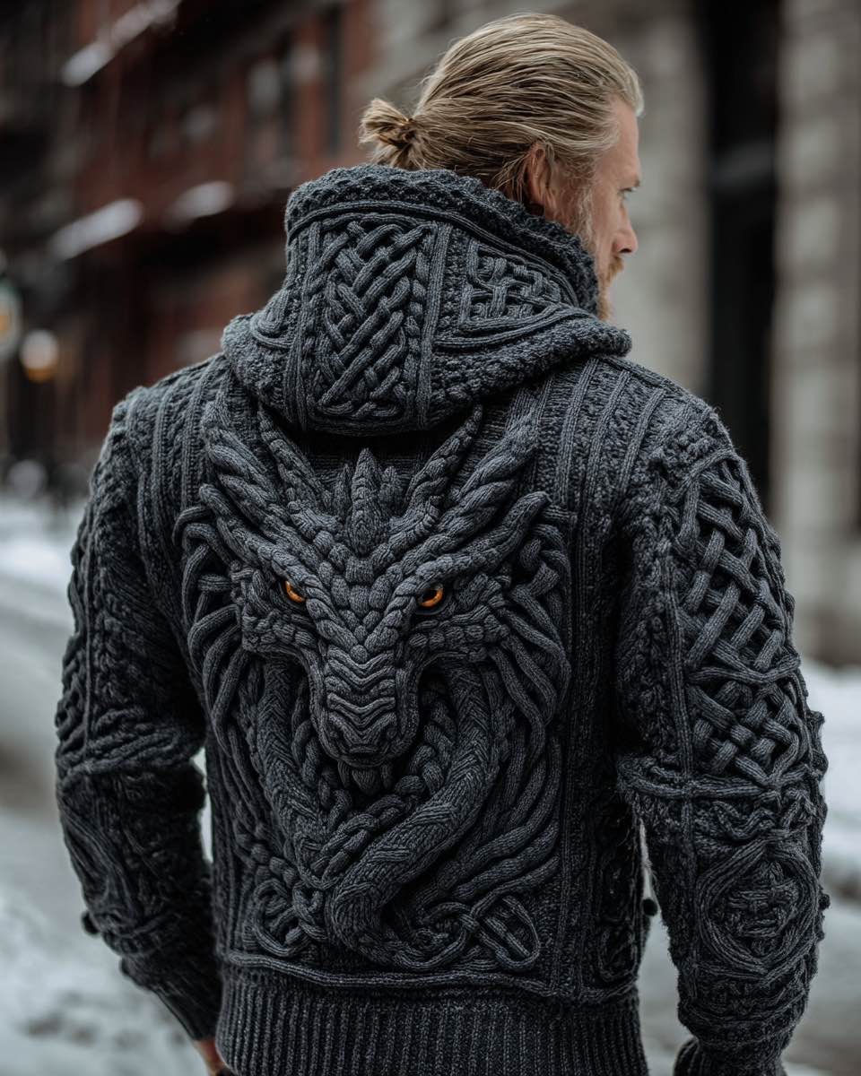 Men's Vintage Viking Dragon Style Celtic Knot Art Chunky Knit Hooded Zip-up Sweater