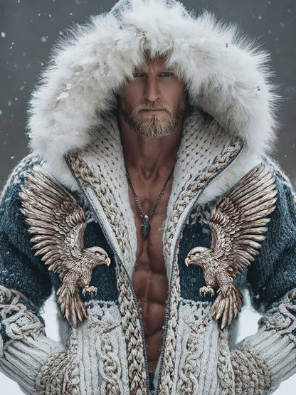 Men's Vintage Eagle Celtic Knot Fur Trim Cozy Hooded Sweater