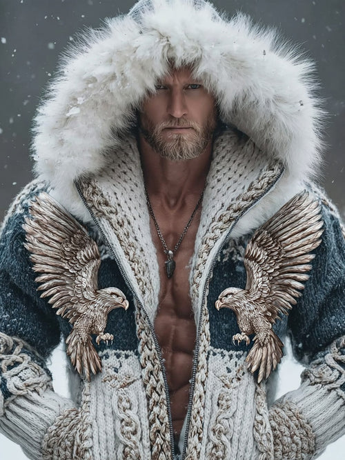 Men's Vintage Eagle Celtic Knot Fur Trim Cozy Hooded Sweater