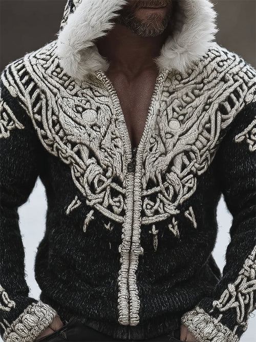 Men's Viking Totem Celtic Contrast Fur Trim Hooded Cardigan