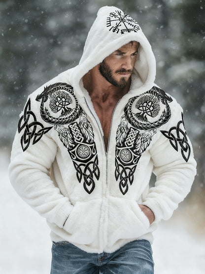 Men's Viking Tribal Jacquard Celtic With Bear Paw Inspired Art Plush Warm Zipped Hooded Jacket