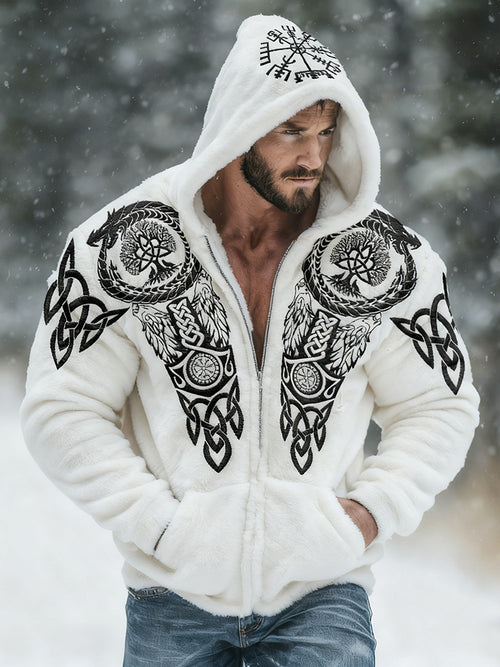 Men's Viking Tribal Jacquard Celtic With Bear Paw Inspired Art Plush Warm Zipped Hooded Jacket