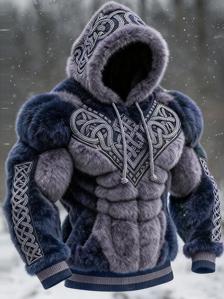 Men's Vintage Viking Tribal Jacquard Celtic Muscle Line Inspired Art Plush Warm Hoodie