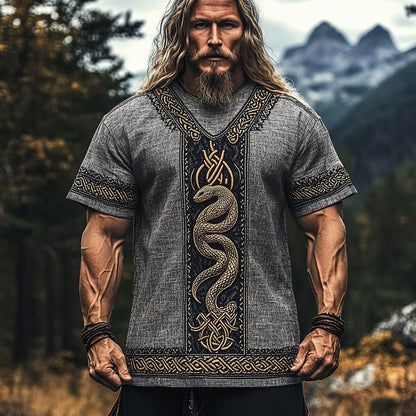 Men's Viking Celtic Knot Snake Totem Linen T-shirt