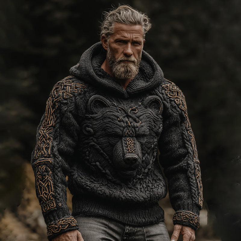 Men's Vintage Viking Bear Celtic Art Knit Hooded Sweater