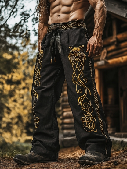 Men's Celtic Wolf Embroidery Wide Leg Pants