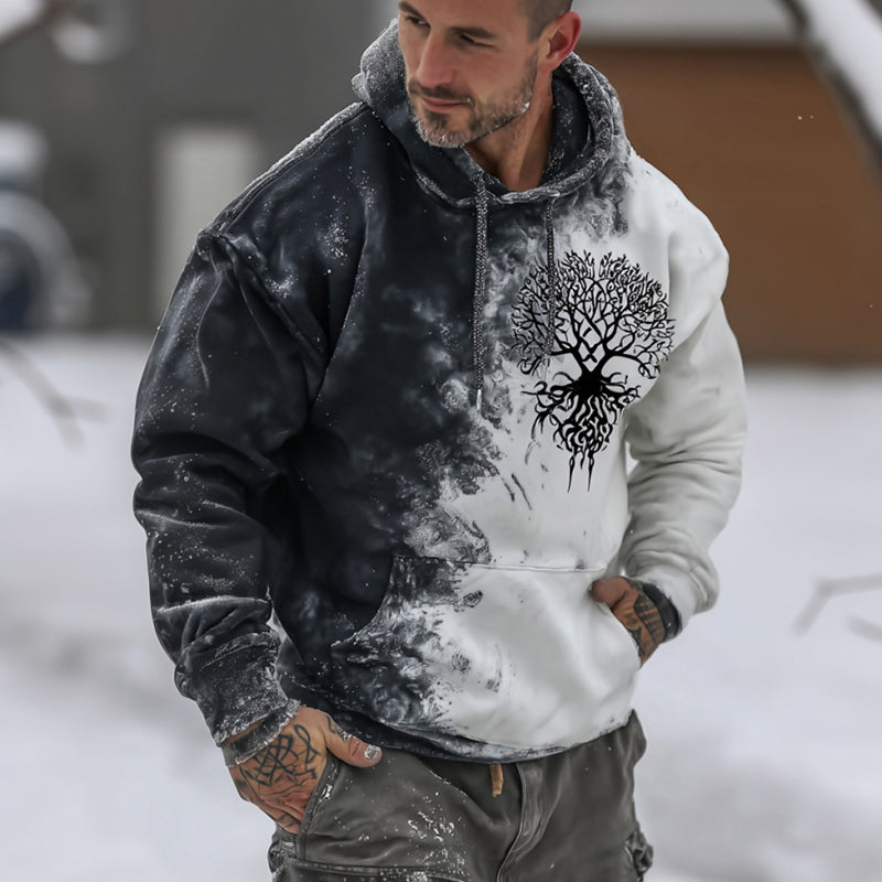 Men's Retro Celtic Tree Of Life Color Block Comfortable Hooded Sweatshirt