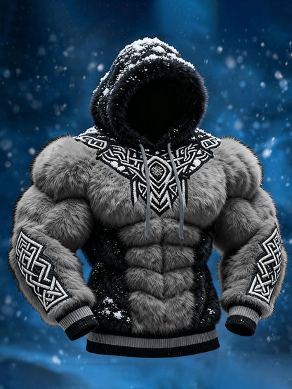 Men's Viking Tribal Jacquard Celtic Inspired Muscle Line Art Plush Warm Hoodie