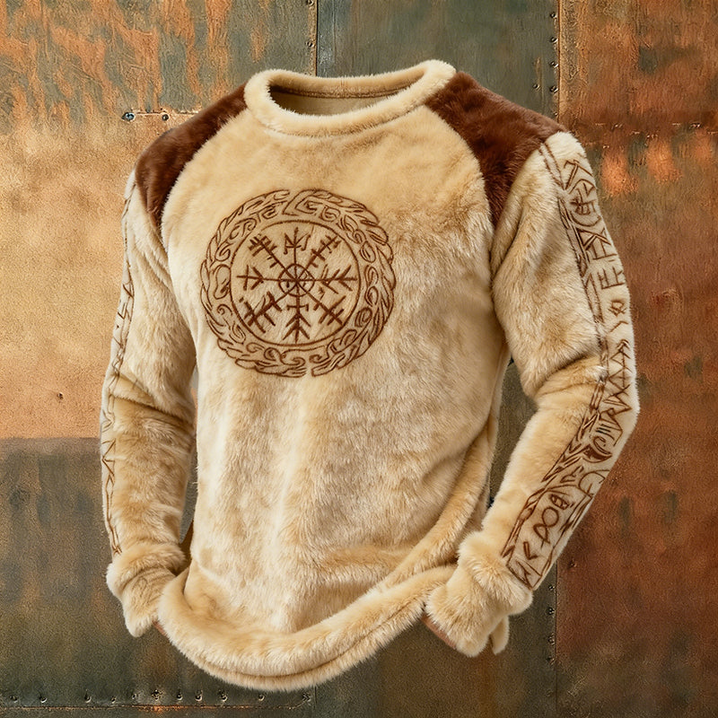 Men's Nordic Viking Totem Rune Patchwork Art Cozy Flannel Hoodie