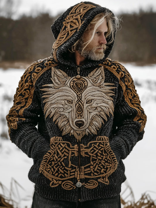 Men's Viking Wolf Celtic Knot Jacquard Knitted Hooded Sweater