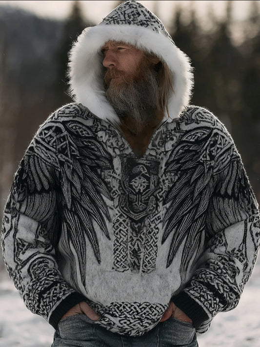 Men's Viking Style Angel Wing Celtic Knot Grey And Black Fur Collar Hoodie Sweatshirt
