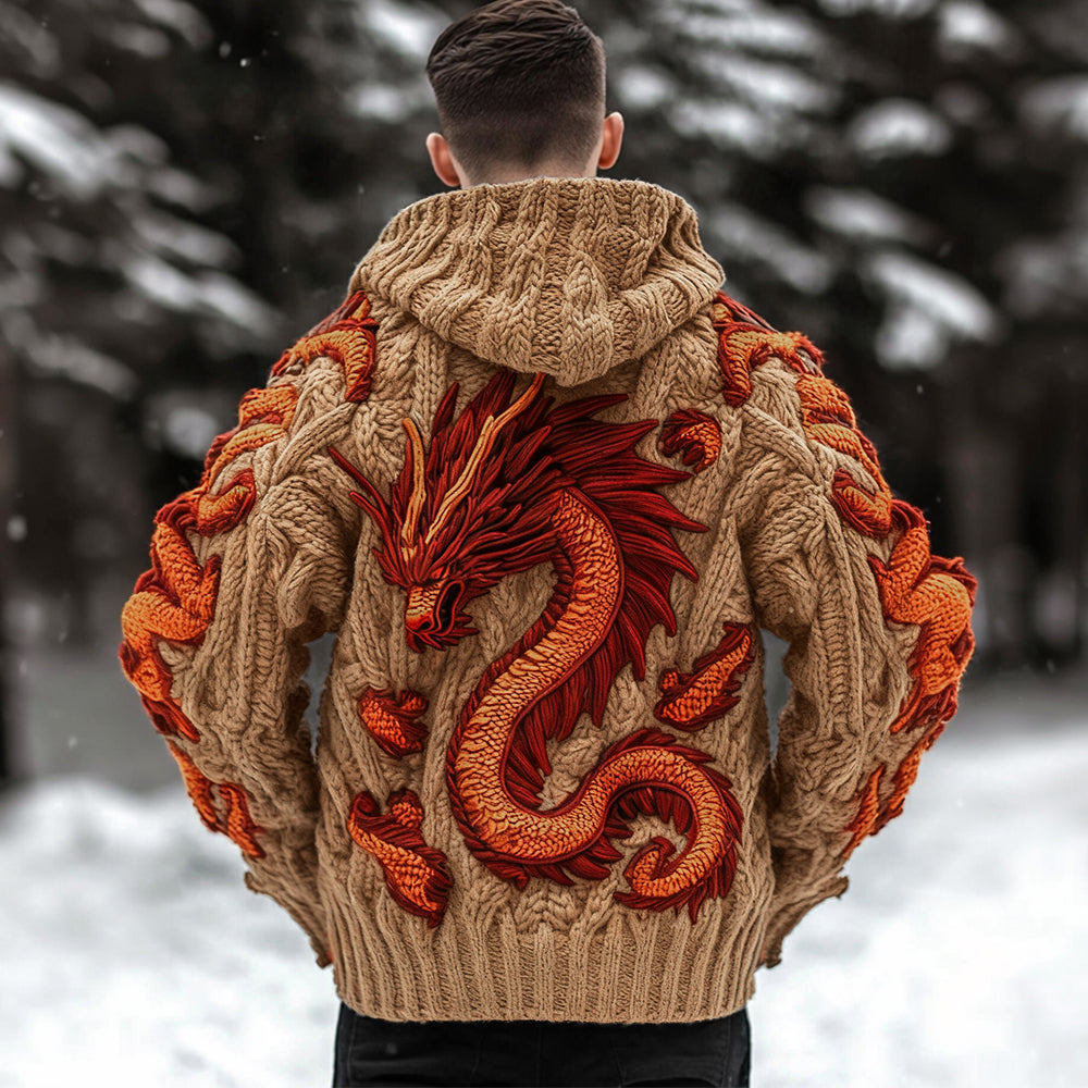 Men's Viking Dragon Celtic Thick Knit Zip-up Hooded Sweater