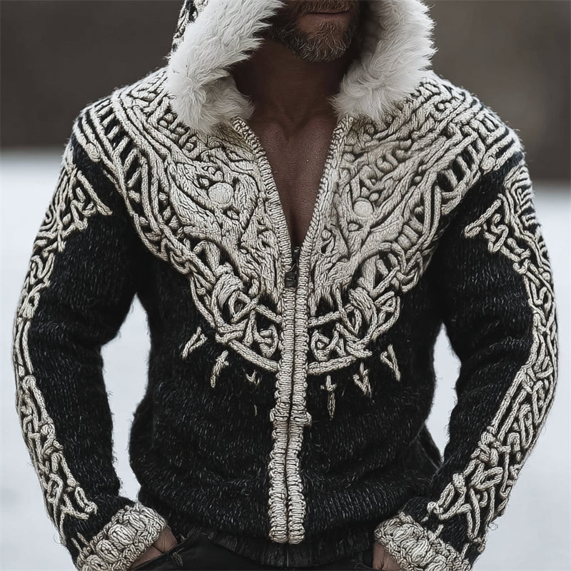 Men's Viking Totem Celtic Contrast Fur Trim Hooded Cardigan