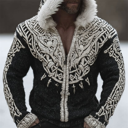 Men's Viking Totem Celtic Contrast Fur Trim Hooded Cardigan