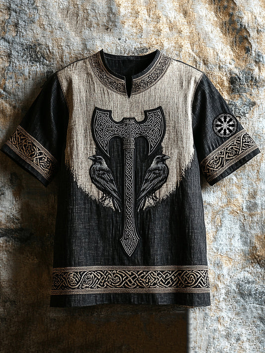 Men's Viking Runes Axe And Raven Celtic Knot Art Linen Shirt