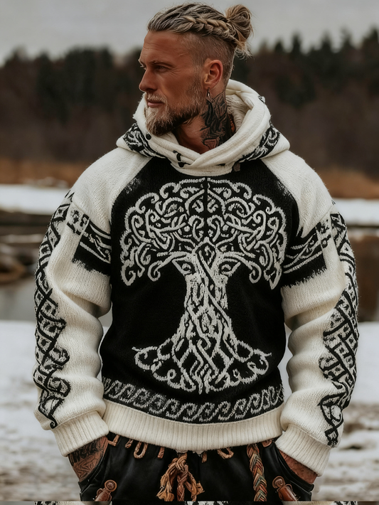Men's Viking Celtic Tree Of Life Art Knit Cozy Hooded Sweater