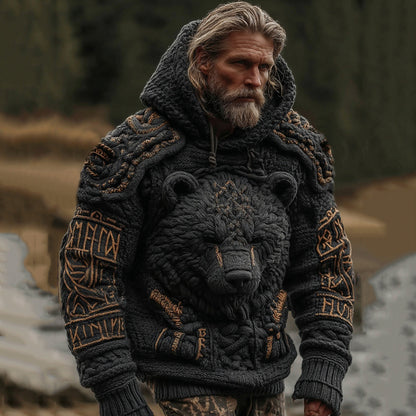 Men's Viking Brown Bear Celtic Knot Jacquard Knitted Hooded Sweater