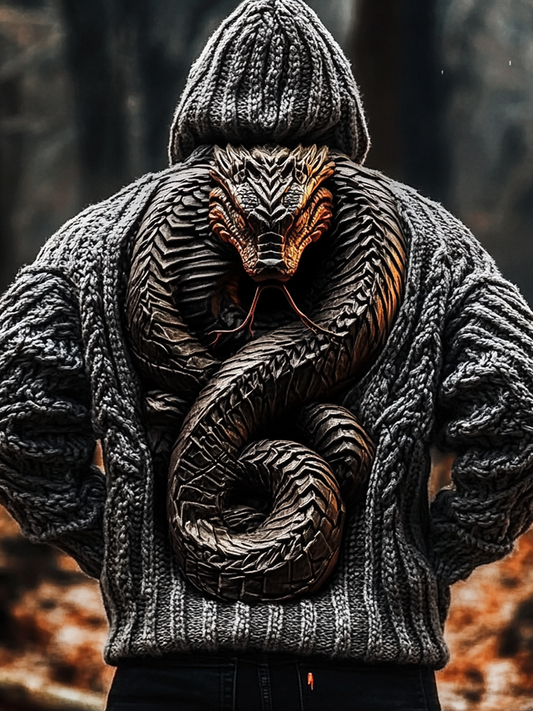 Men's Viking Tribal Dragon Celtic Chunky Knit Hooded Sweater