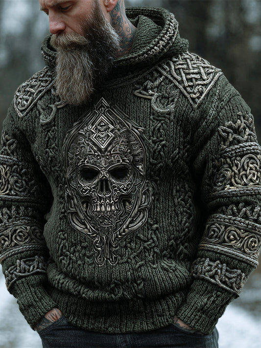 Viking Skull Celtic Knot Men's Chunky Knit Hooded Sweater