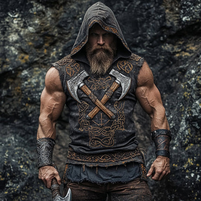 Men's Viking Weapons Axe Celtic Hooded Linen Vest