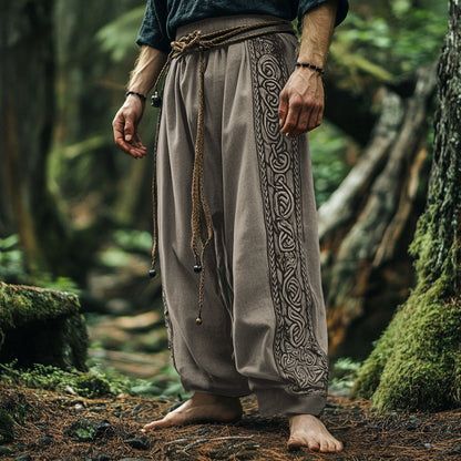 Vintage Tribal Viking Celtic Embroidery Art Linen Long Loose Wide-leg Pants