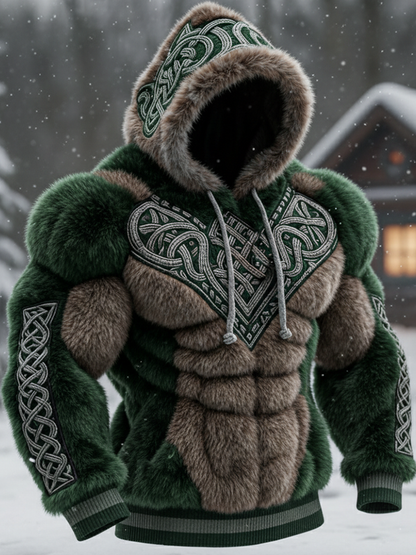 Men's Vintage Viking Tribal Jacquard Celtic Muscle Line Inspired Art Plush Warm Hoodie