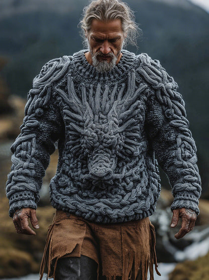 Men's Viking Celtic Knot Dragon Chunky Knit Warm Sweater