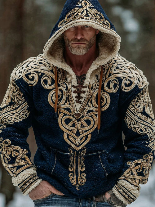 Men's Viking Tribal Celtic Knot Jacquard Inspired Art Plush Warm Fleece Hoodie