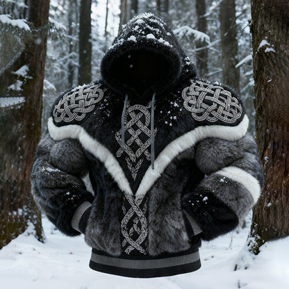 Men's Viking Tribal Jacquard Art Inspired Muscle Line Art Plush Warm Hoodie