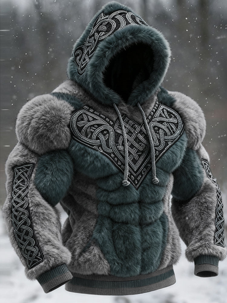 Men's Vintage Viking Tribal Jacquard Celtic Muscle Line Inspired Art Plush Warm Hoodie