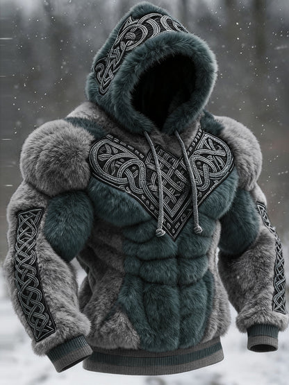Men's Vintage Viking Tribal Jacquard Celtic Muscle Line Inspired Art Plush Warm Hoodie