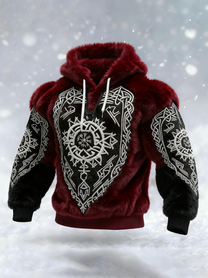 Men's Viking Tribal Jacquard Celtic Inspired Art Plush Warm Hoodie