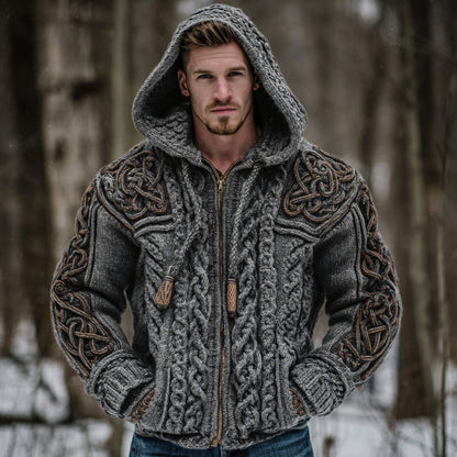 Men's Vintage Viking Celtic Knot Art Chunky Knit Hooded Zip-up Sweater