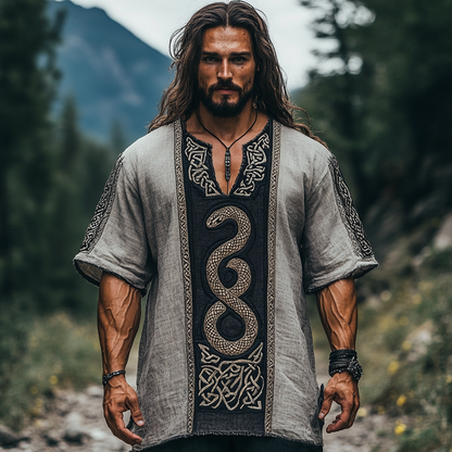 Men's Viking Celtic Knot Twin Snake Linen Shirt