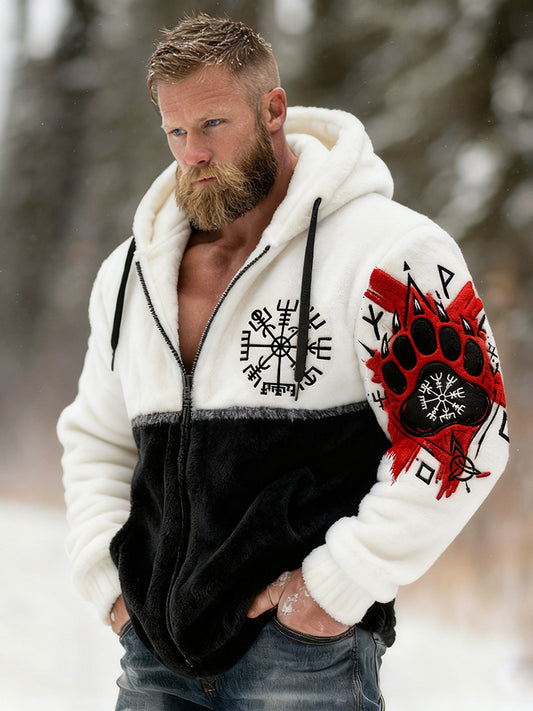 Men's Viking Tribal Jacquard Celtic With Bear Paw Inspired Art Plush Warm Zipped Hooded Jacket