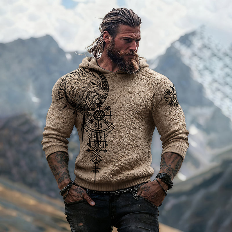 Viking Wolf Runes Design Men's Flannel Hoodie Sweater