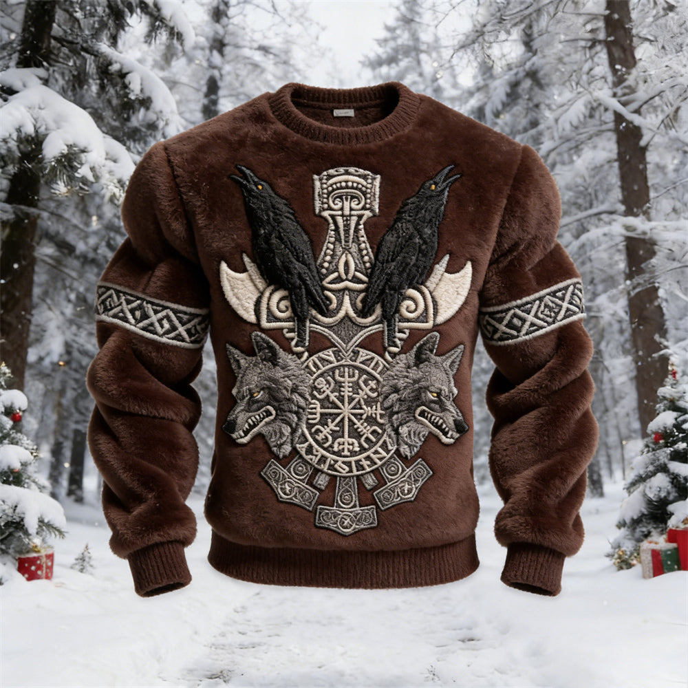 Viking Wolf & Raven Totem Men's Flannel Sweatshirt