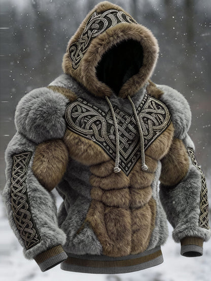 Men's Vintage Viking Tribal Jacquard Celtic Muscle Line Inspired Art Plush Warm Hoodie