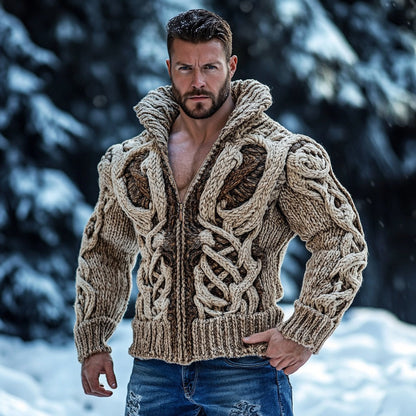 Retro Viking Dragon Bone Inspired Jacquard Chunky Knit Zipper-up Cardigan