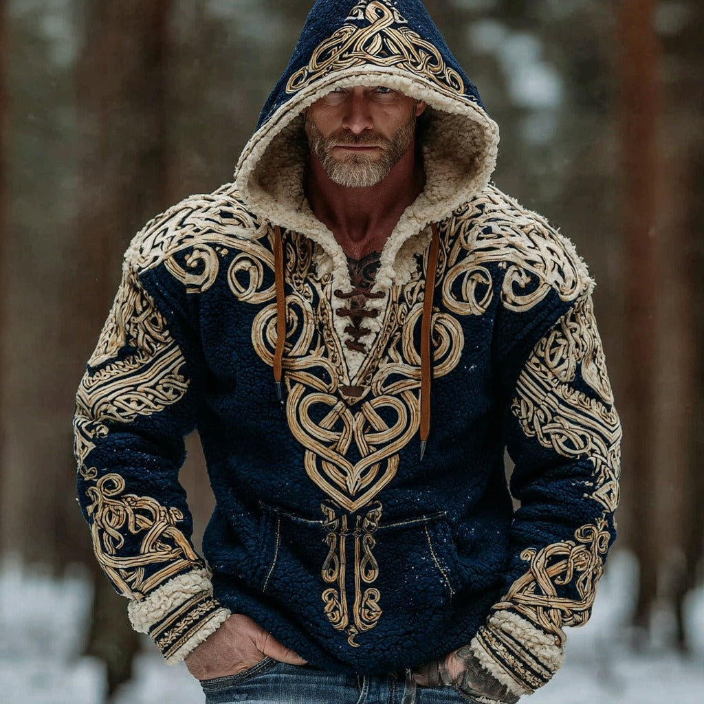 Men's Viking Tribal Celtic Knot Jacquard Inspired Art Plush Warm Fleece Hoodie