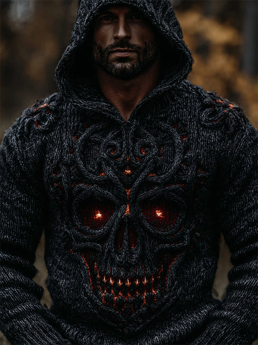 Men‘s Vintage Celtic Skull Cozy Chunky Hooded Sweater