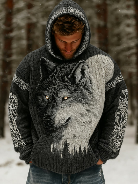 Men's Vintage Viking Wolf Celtic Knot Art Cozy Knit Hooded Sweater
