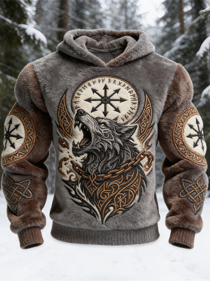 Viking Giant Wolf & Vegvisir Totem Men's Flannel Hooded Sweatshirt