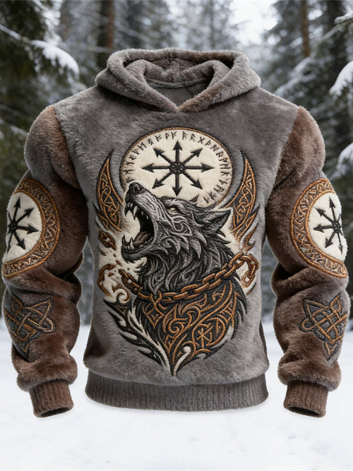 Viking Giant Wolf & Vegvisir Totem Men's Flannel Hooded Sweatshirt