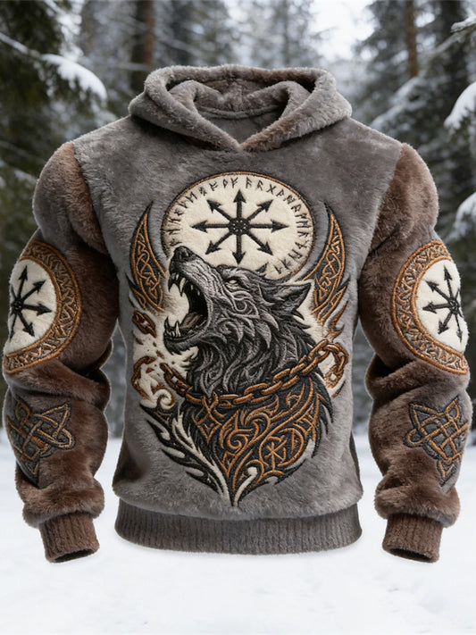 Viking Giant Wolf & Vegvisir Totem Men's Flannel Hooded Sweatshirt