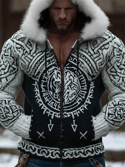 Men's Viking Totem Celtic Contrast Cozy Fur Trim Hooded Cardigan