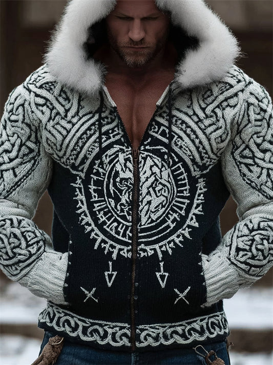 Men's Viking Totem Celtic Contrast Cozy Fur Trim Hooded Cardigan