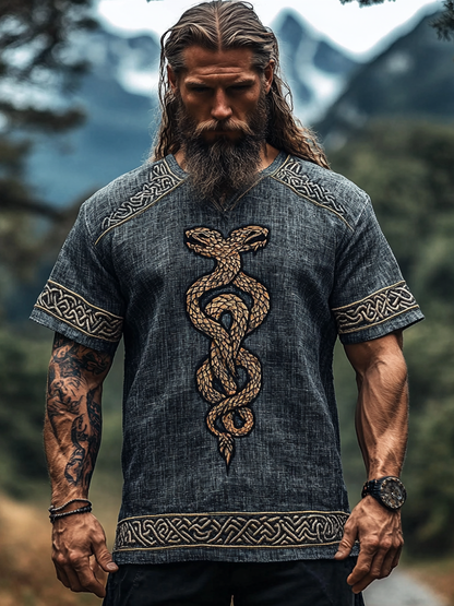 Men's Viking Celtic Knot Twin Snake Linen Shirt